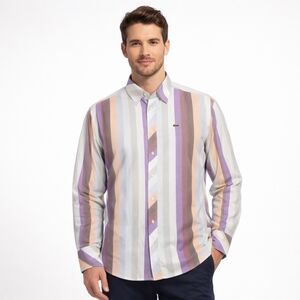 Lacoste Men's Striped Button-Down Shirt in Lavender, Cream & Tan